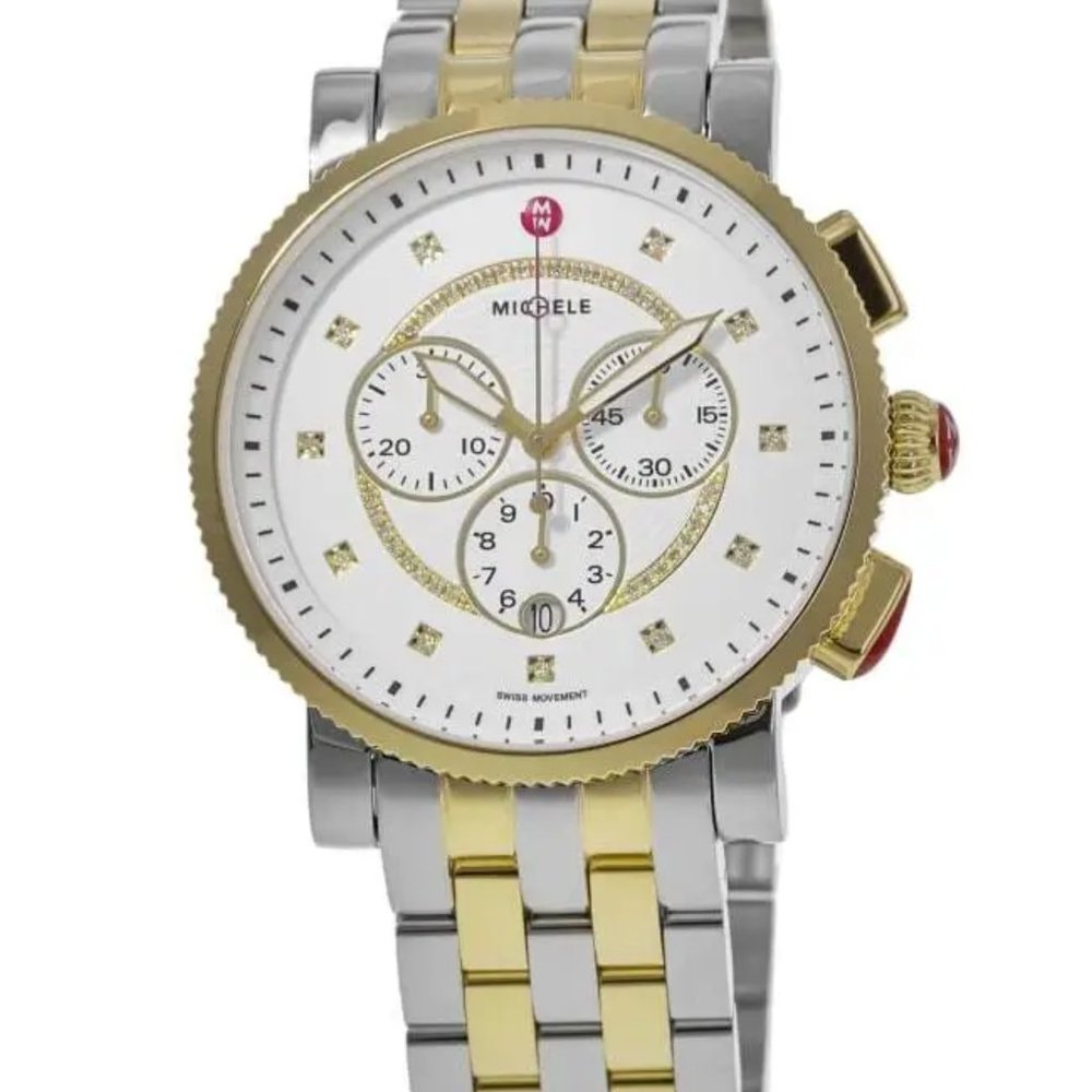 Michele 2-Tone Sport Sail White Diamond Dial Chronograph Watch